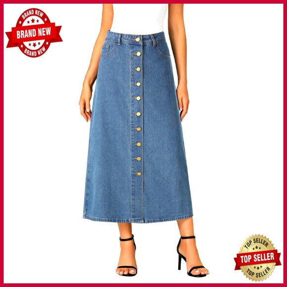 Dresses & Skirts - A Line Denim Midi Skirt High Waist Button Down Casual Elegant Y2K Retro